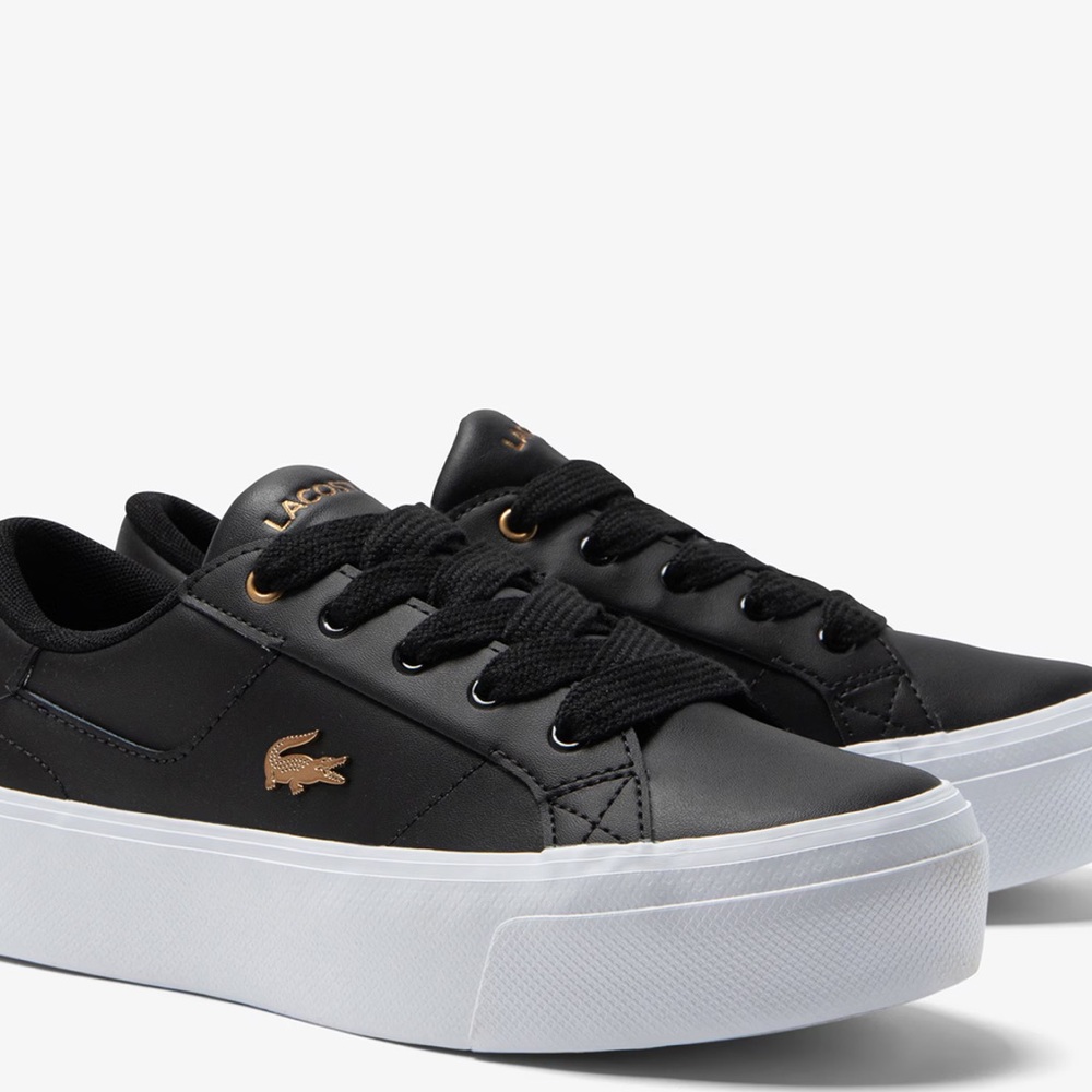 Lacoste Black Leather Platform Sneakers with Gold Accents